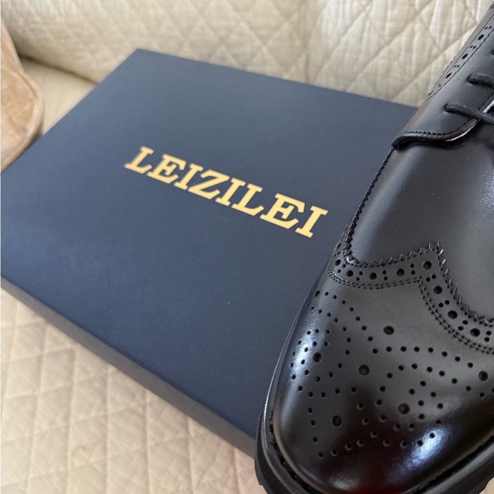 LEIZILEI Black Leather Oxford Shoes with Brogue Detailing - Picture 10 of 12